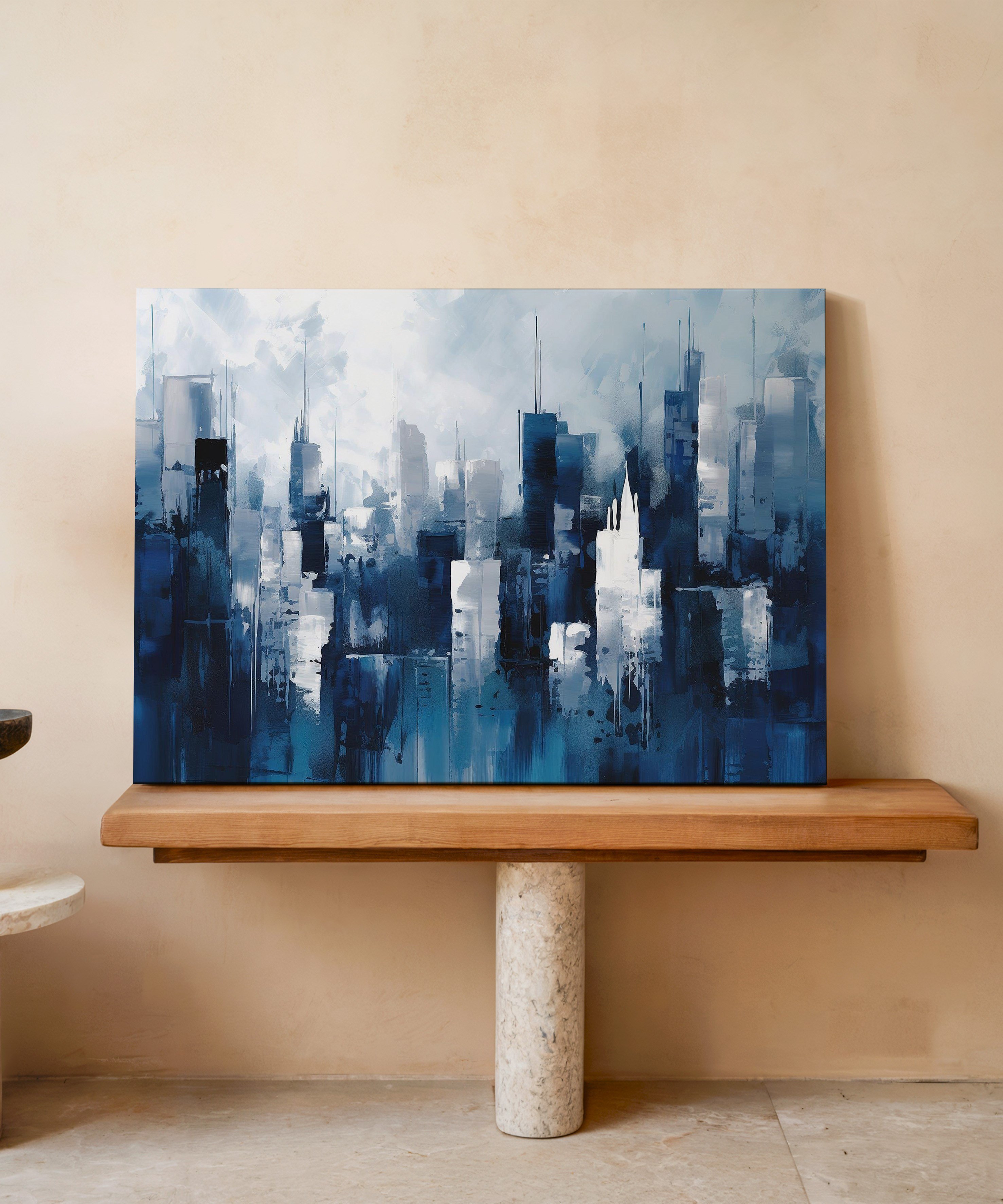 Mavi Şehrin Silüeti | Yağlı Boya Dokulu Canvas Baskı