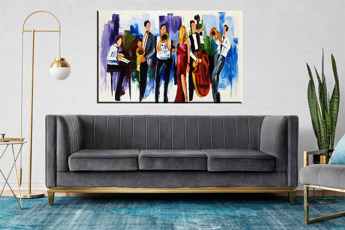 MODERN SİPARİŞ YAĞLI BOYA TABLOLARKırmızı elbiseli solist, altı kişilik orkestra  | Yağlı Boya Tablo | kozaart galeri