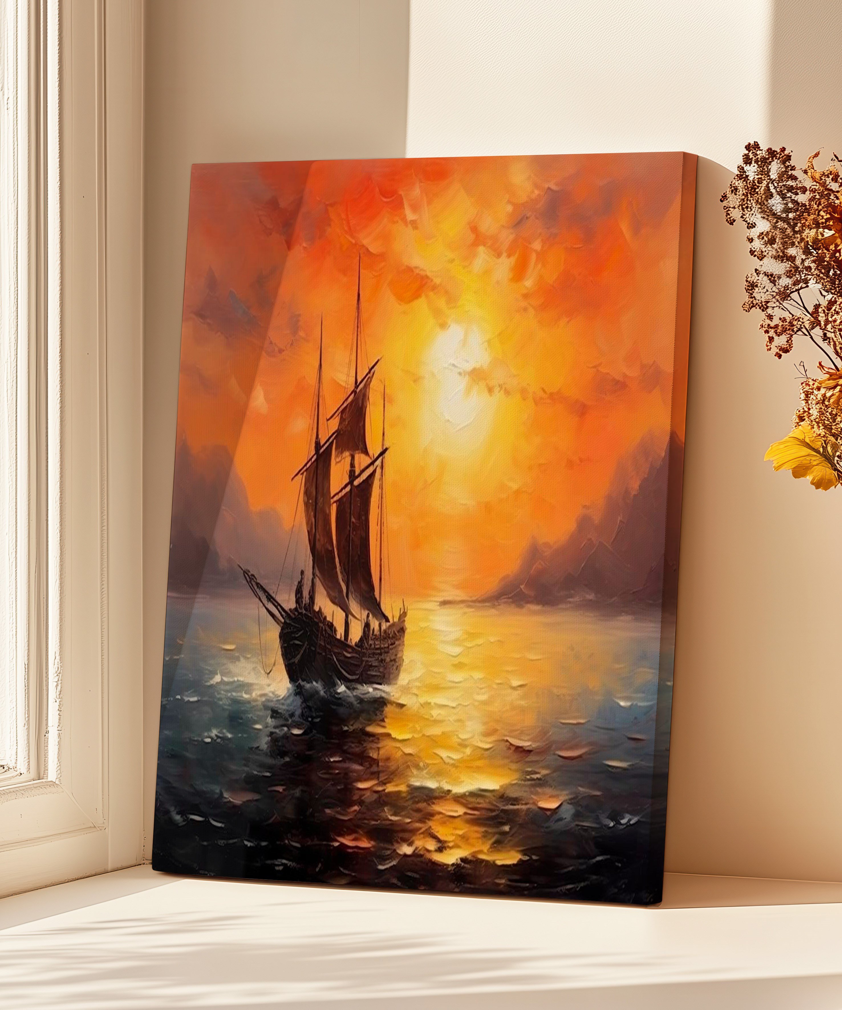Şafakta Yelkenli Gemi | Yağlıboya dokulu canvas baskı