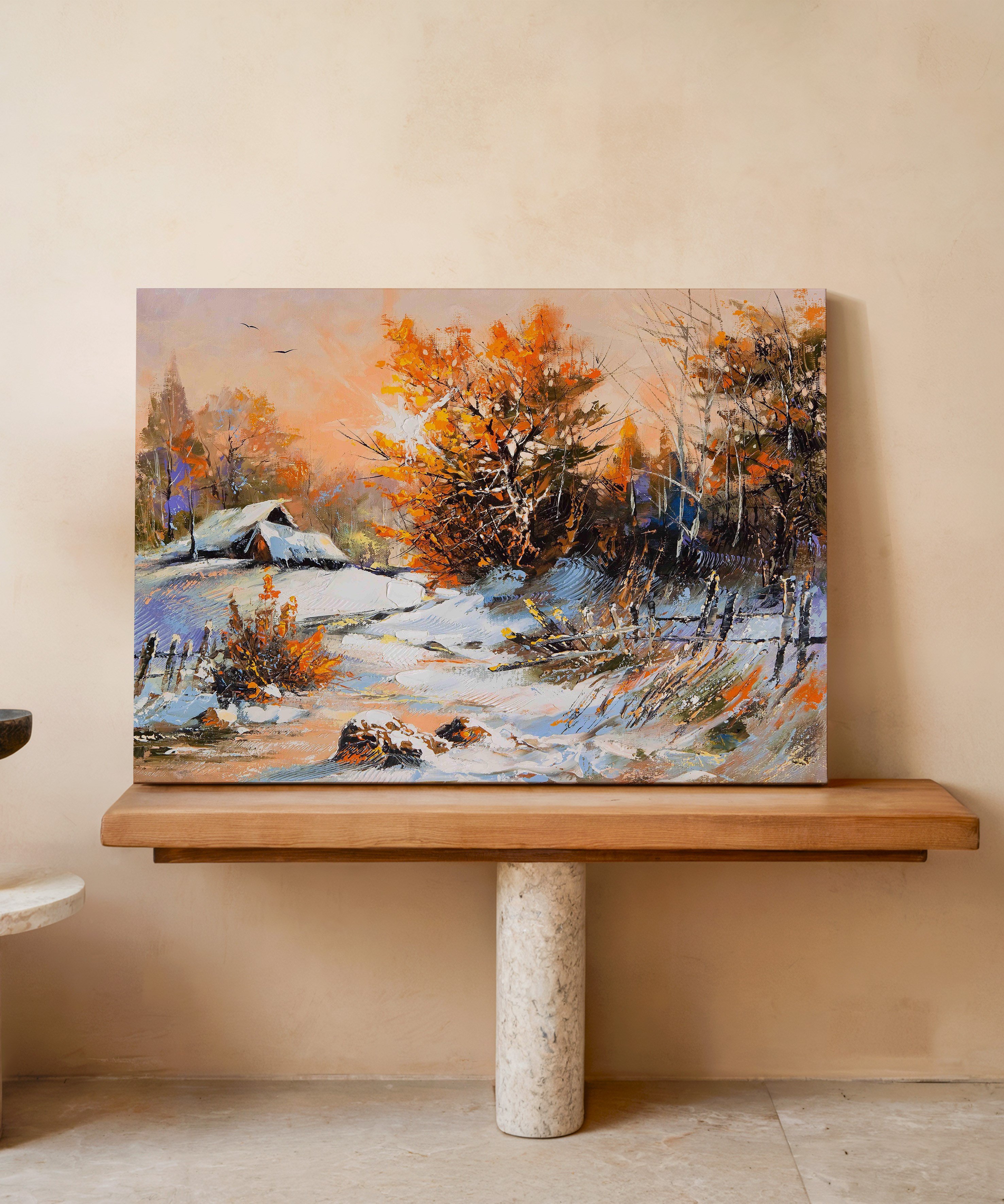 Turuncu Yansımalı Karlar | Yağlıboya dokulu canvas baskı