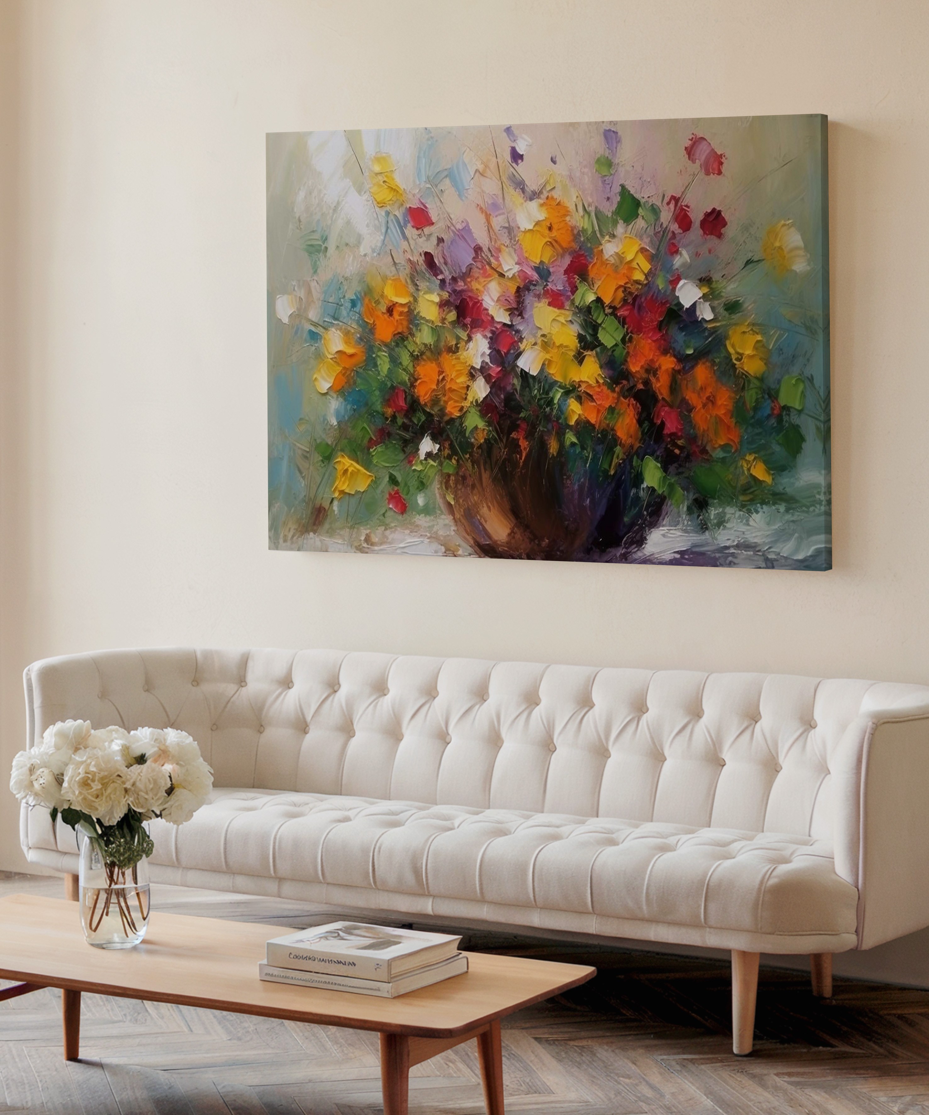 Vazodan Taşan Çiçekler | Yağlıboya dokulu canvas baskı