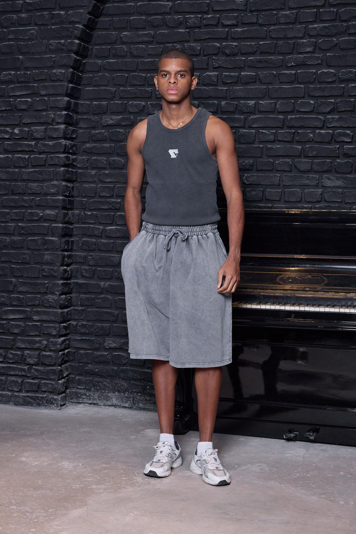 Acid Wash Oversize Jorts / Baggy Şort Açık Füme