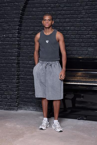 Acid Wash Oversize Jorts / Baggy Şort Açık Füme