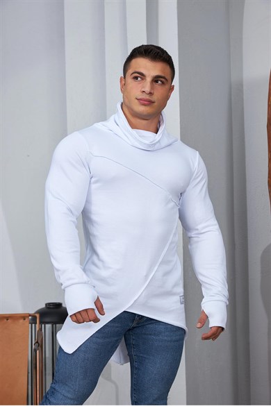 Parçalı Parmak Geçmeli Slim Fit Beyaz Sweatshirt