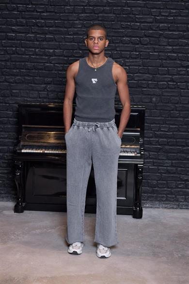 Raw-Hem Vintage Wash Wide Leg Pantolon Açık Füme