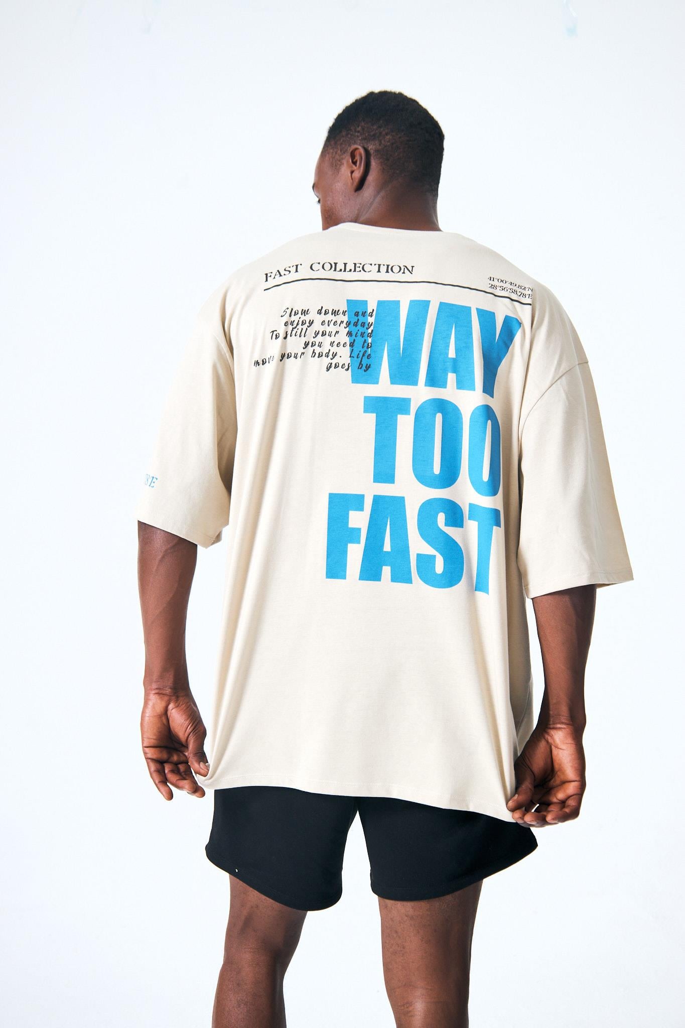 “Way Too Fast” Arka Ve Ön Kabartma Baskılı Oversize - Bej