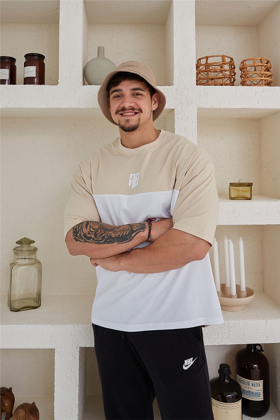 Çift Renkli Bej Oversize T-Shirt