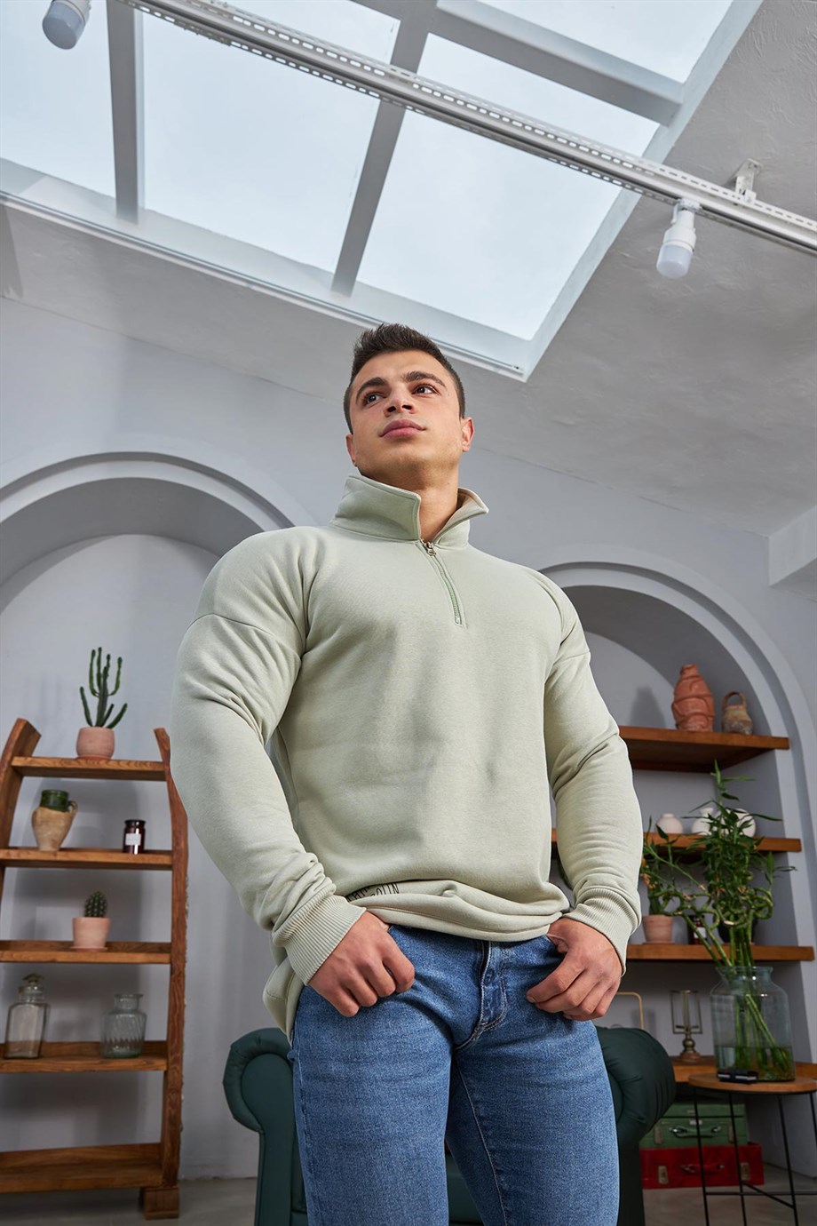 Dik Yaka Fermuarlı Oversize Yeşil Sweatshirt