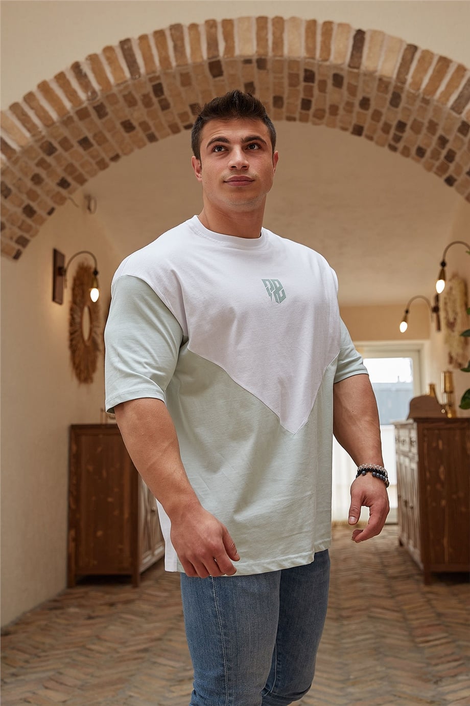 Geometrik Detaylı Su Yeşili Oversize T-Shirt