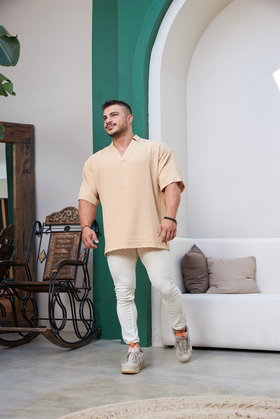 Kısa Kollu V Yaka Oversize Gömlek Hardal