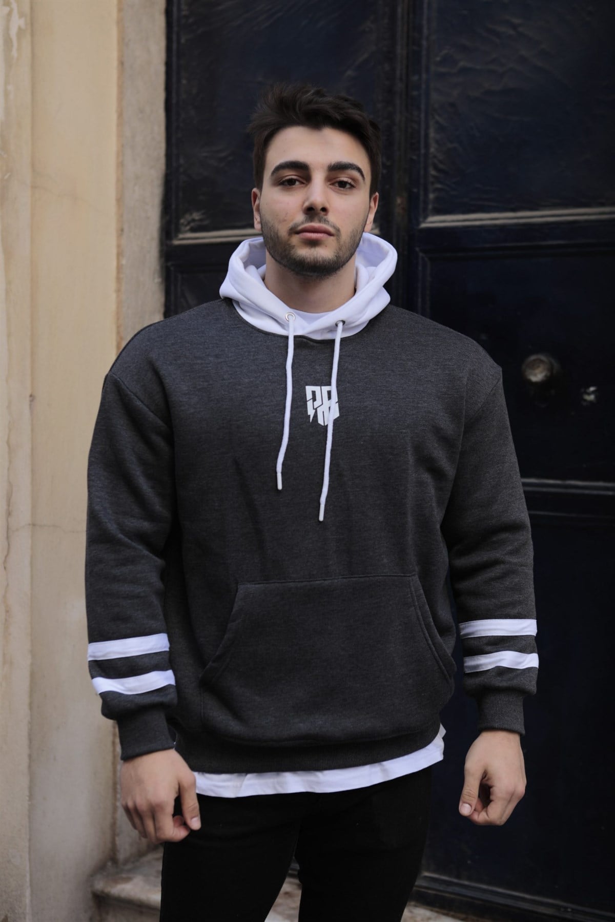 Kolu Şeritli Kapşonlu Antrasit Oversize Sweatshirt