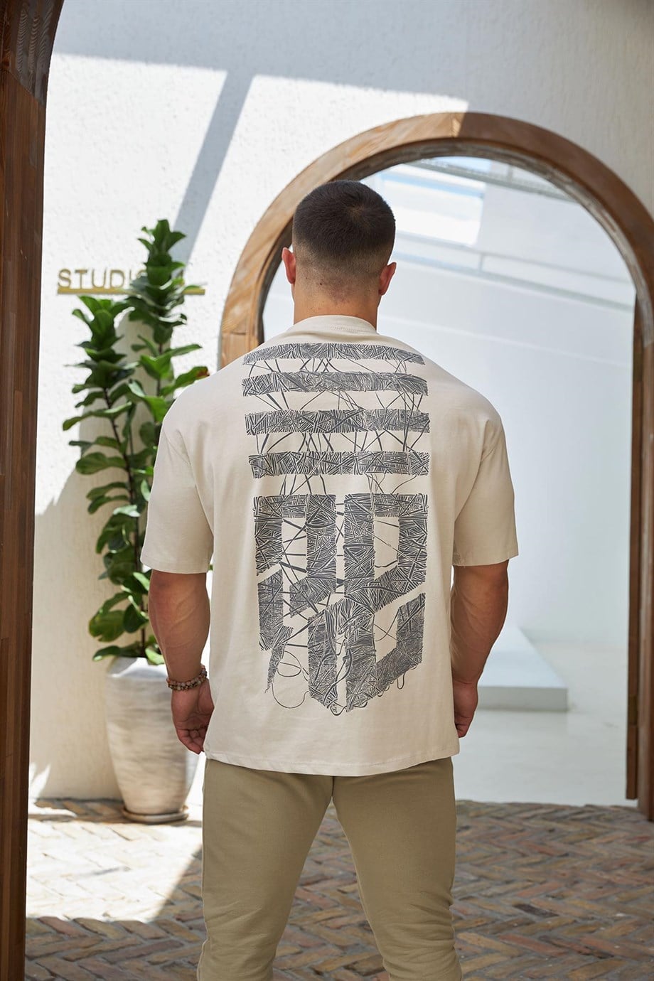 Mumya Desen Oversize T-Shirt Taş