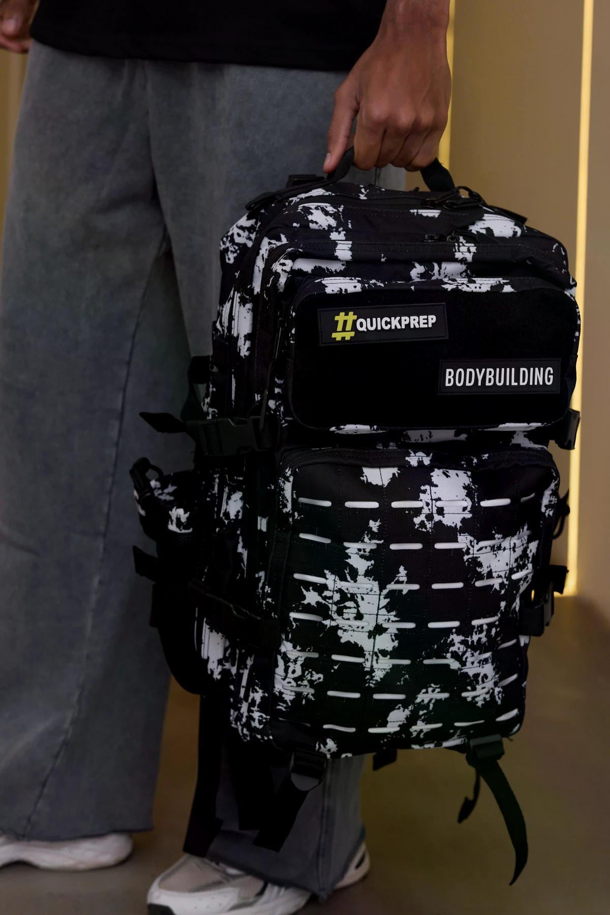 QuickPrep 45L Tactical Outdoor Sırt Çantası — Su Geçirmez, Çok Gözlü, Kamp – Spor – Seyahat Çantası Siyah Parçalı