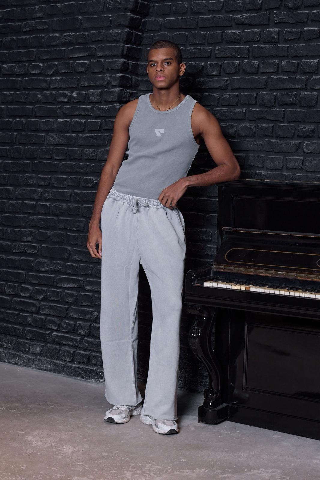 Raw-Hem Vintage Wash Wide Leg Pantolon Açık Gri