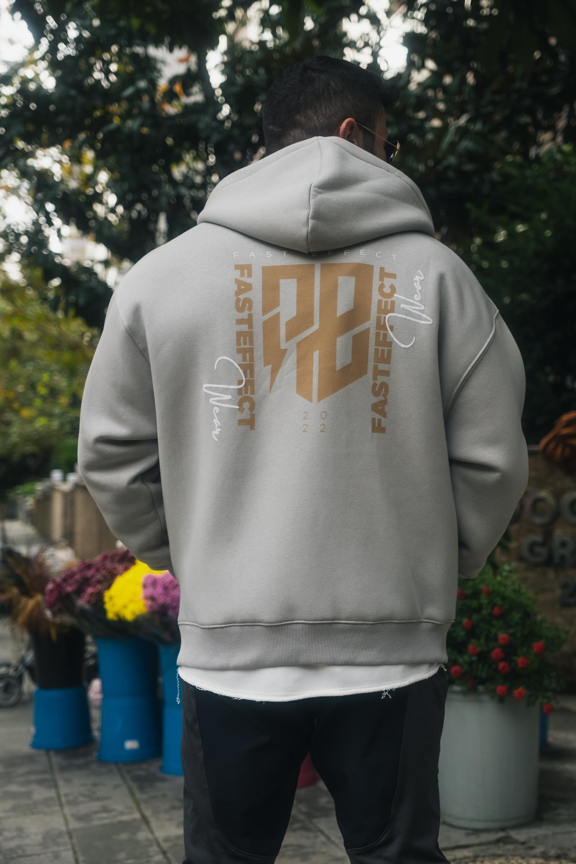 Sırt Baskılı Kapüşonlu Oversize Hırka Gri