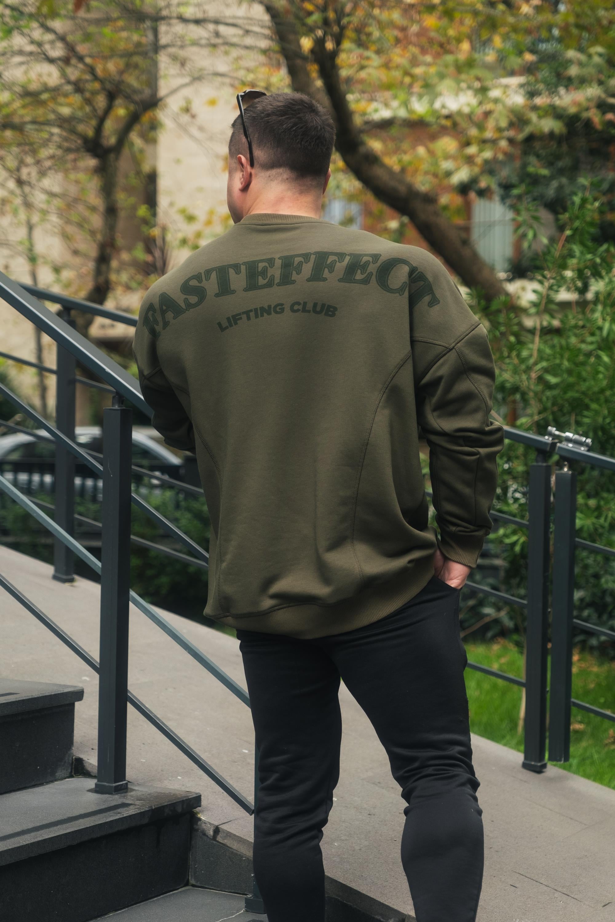 Sırtı Baskılı Dikiş Detaylı Oversize Sweatshirt Haki