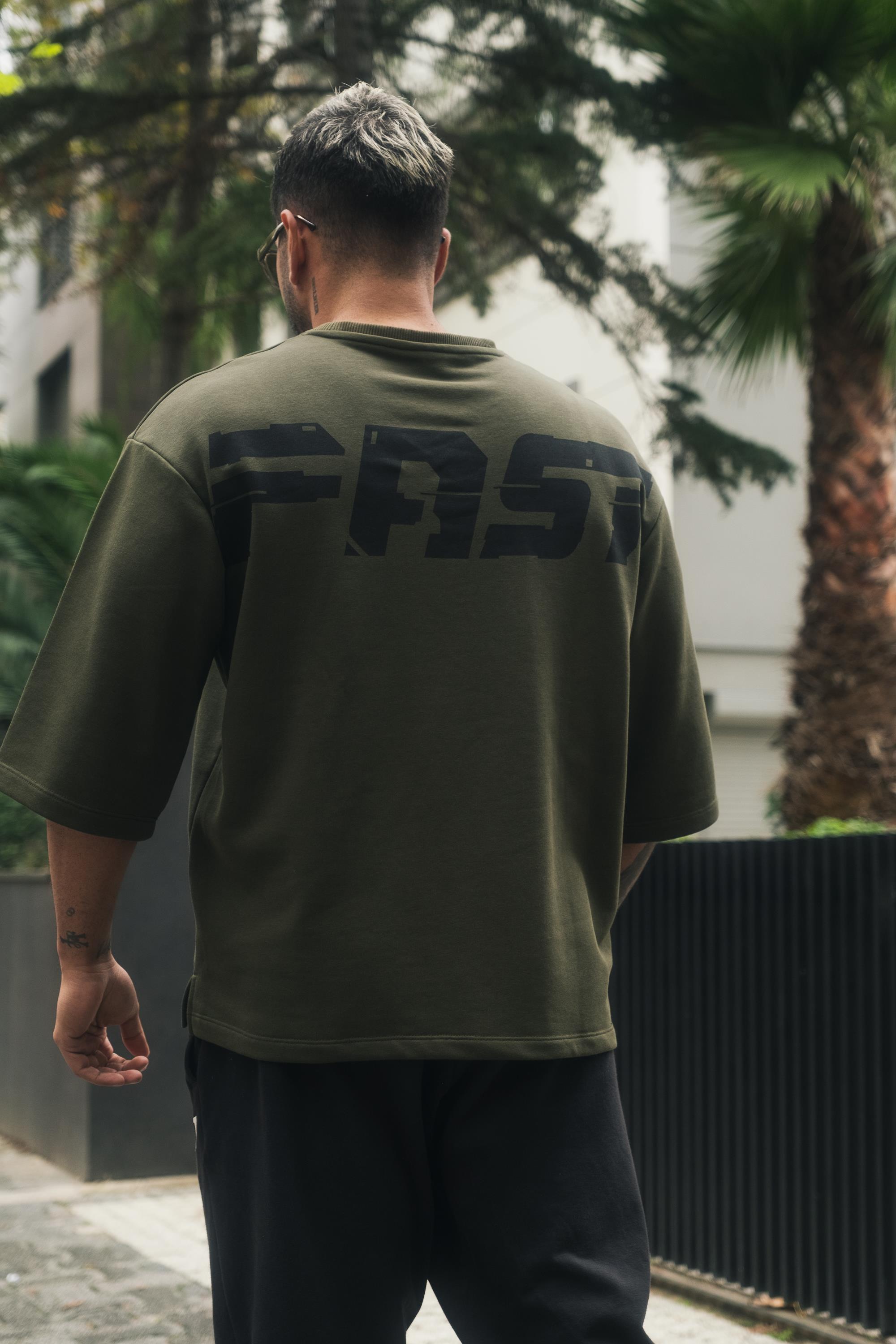 Sırtı Baskılı Yarasa Kol Oversize Sweatshirt Haki