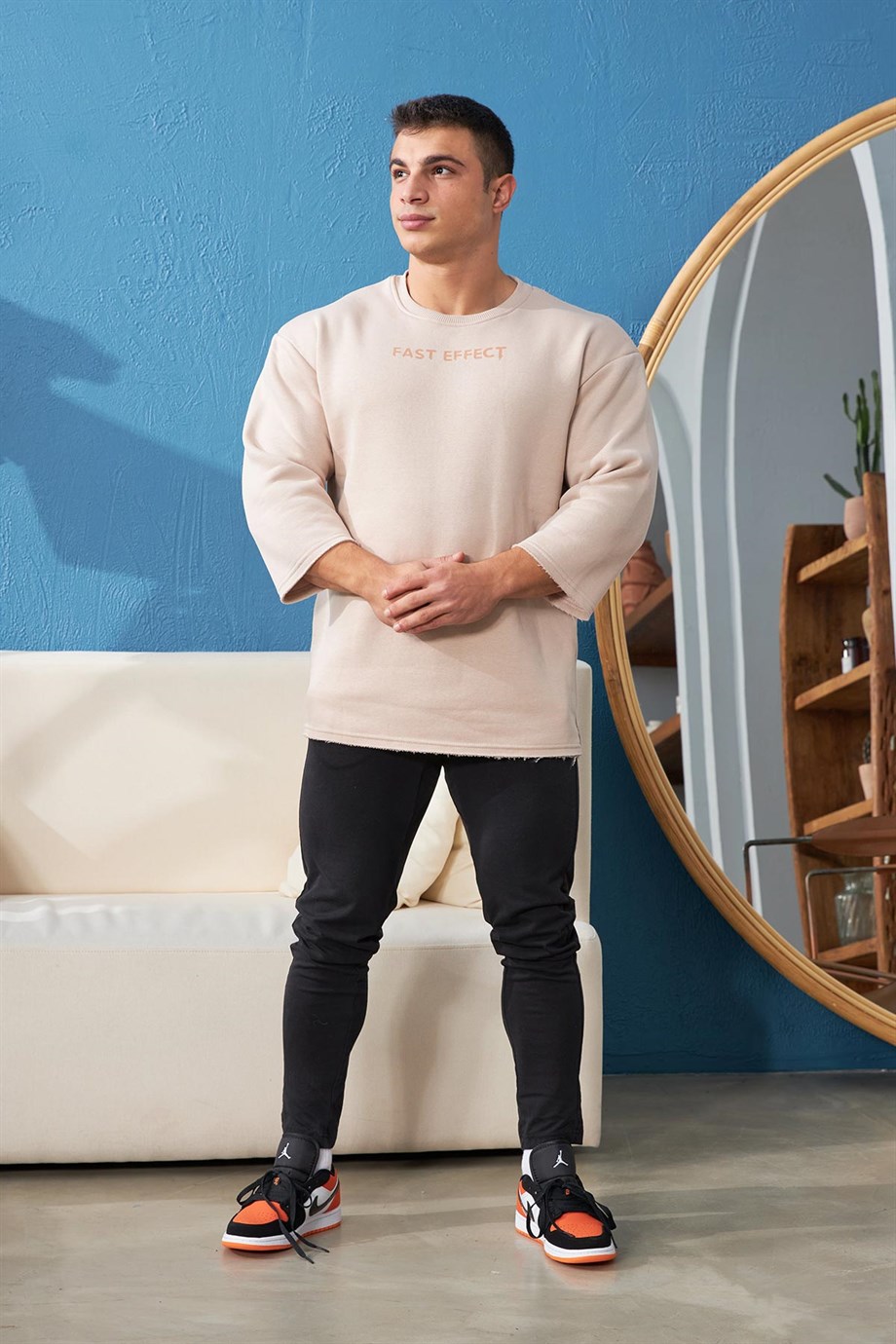 Yanı Fermuarlı Şerit Detaylı Oversize Bej Sweatshirt