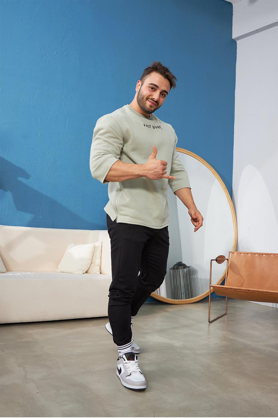 Yanı Fermuarlı Şerit Detaylı Oversize Yeşil Sweatshirt