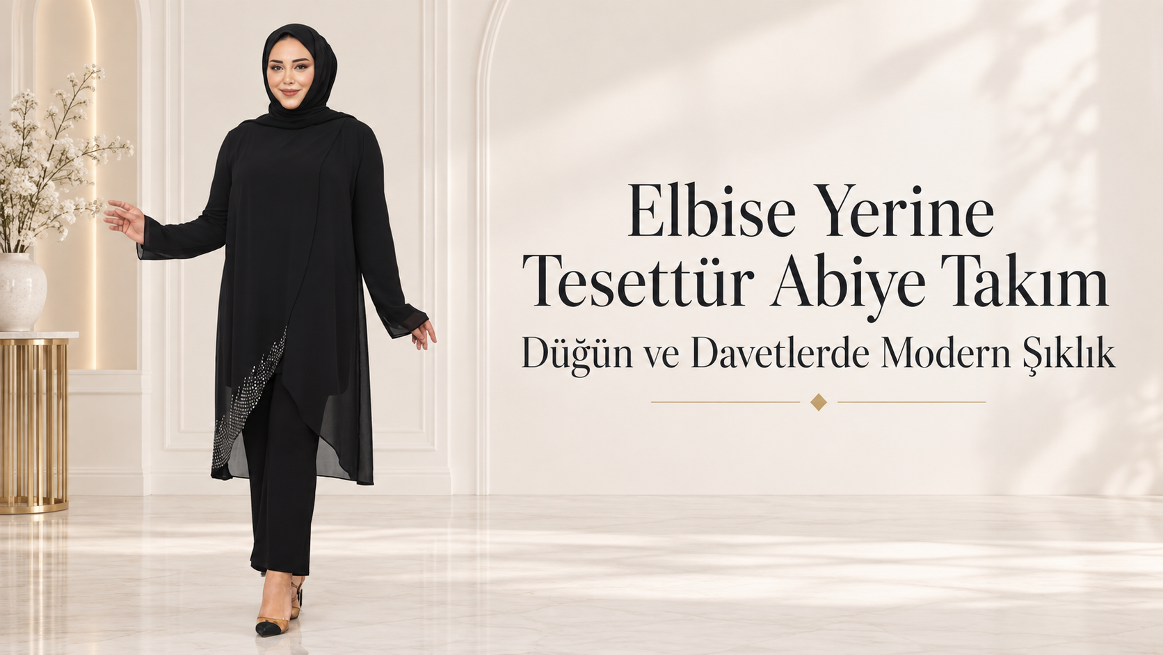Siyah tunik ve pantolondan oluşan tesettür abiye takım ile modern davet stili