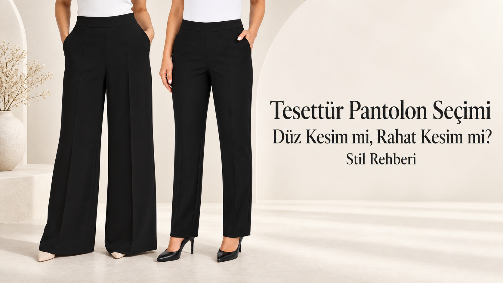Siyah düz kesim ve rahat kesim tesettür pantolonların karşılaştırıldığı stil rehberi