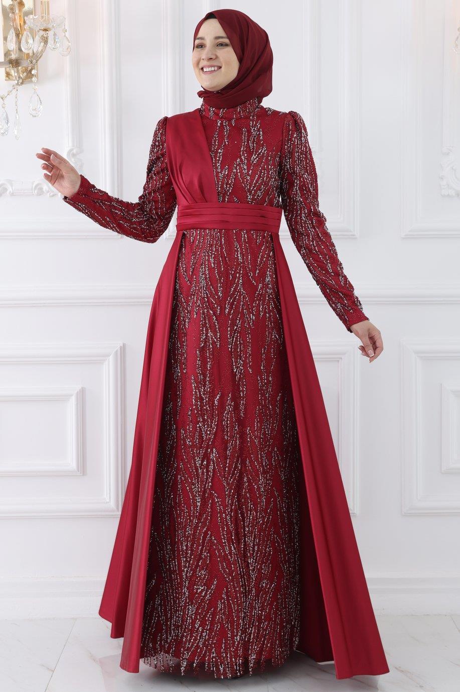 Amine Hüma Bürde Abiye Elbise Bordo