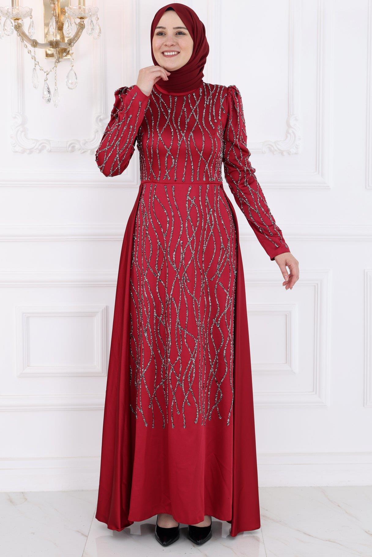 Amine Hüma Didem Tesettür Abiye Bordo