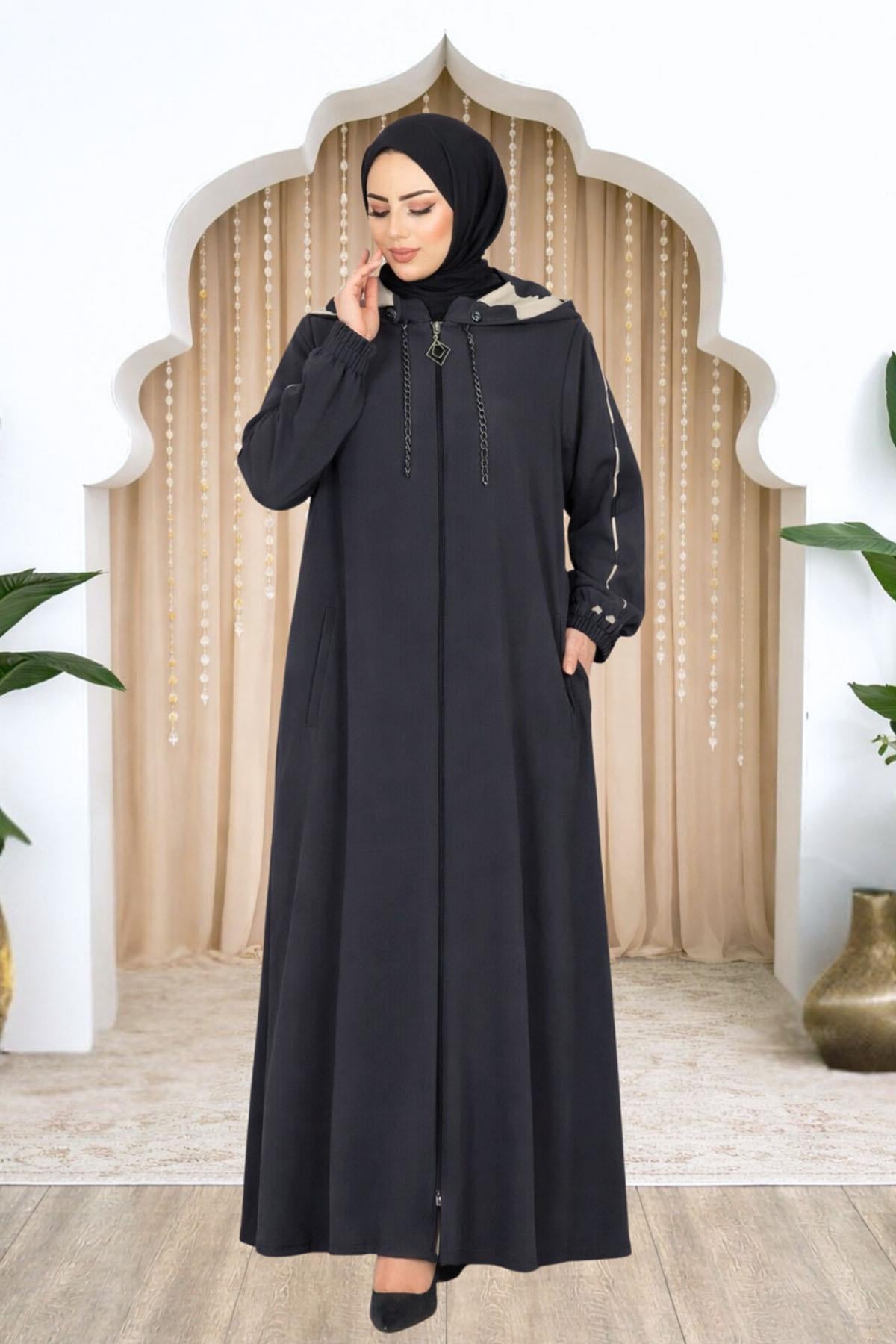 Amine Hüma Elif Kapüşonlu Ferace Antrasit