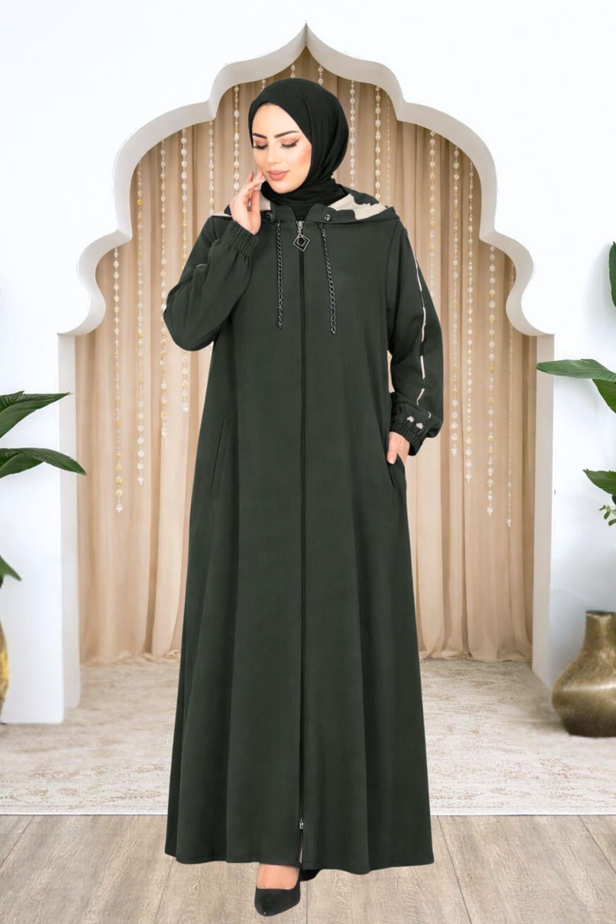 Amine Hüma Elif Kapüşonlu Ferace Haki