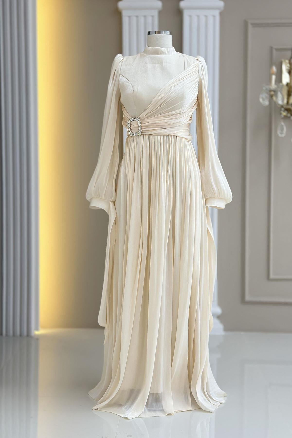 Amine Hüma Hira Abiye Elbise Krem