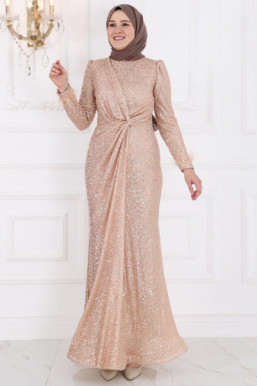 Amine Hüma İkbal Payetli Tesettür Abiye Gold