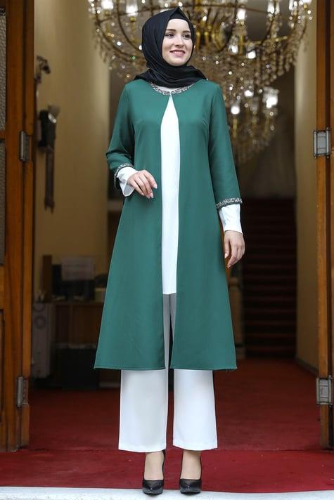 Amine Hüma TAŞ İŞLEMELİ CEKET Zümrüt