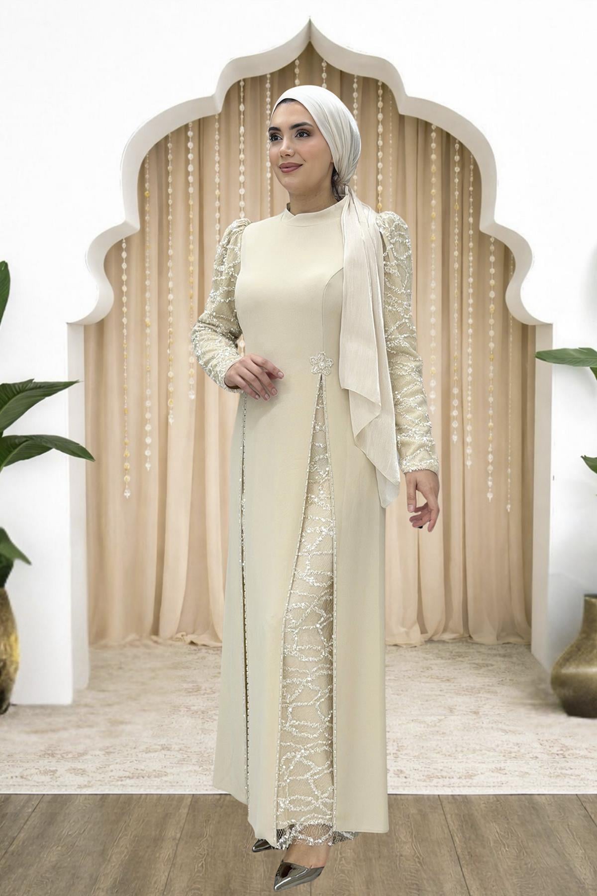 Amine Hüma Tusem Abiye Elbise Ekru