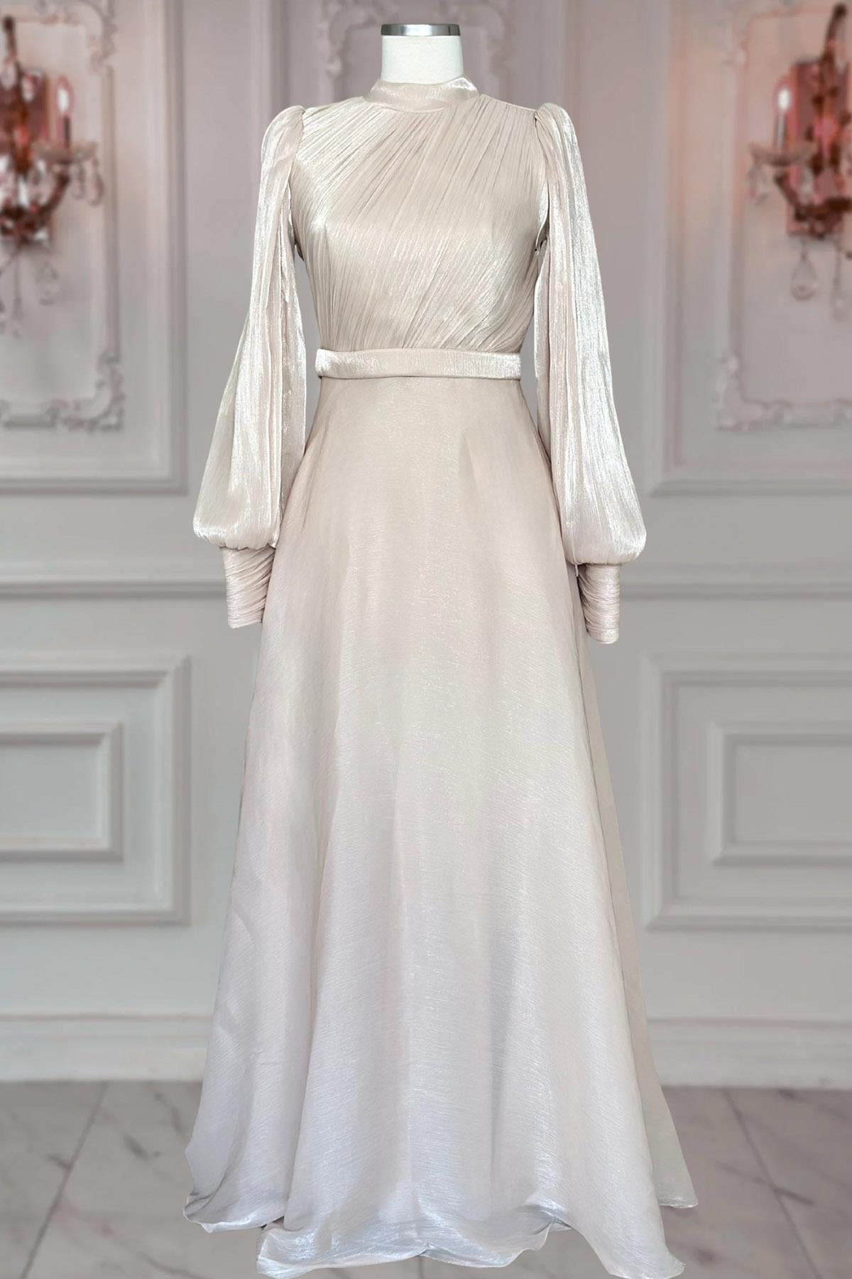 Amine Hüma Zen Abiye Elbise Bej