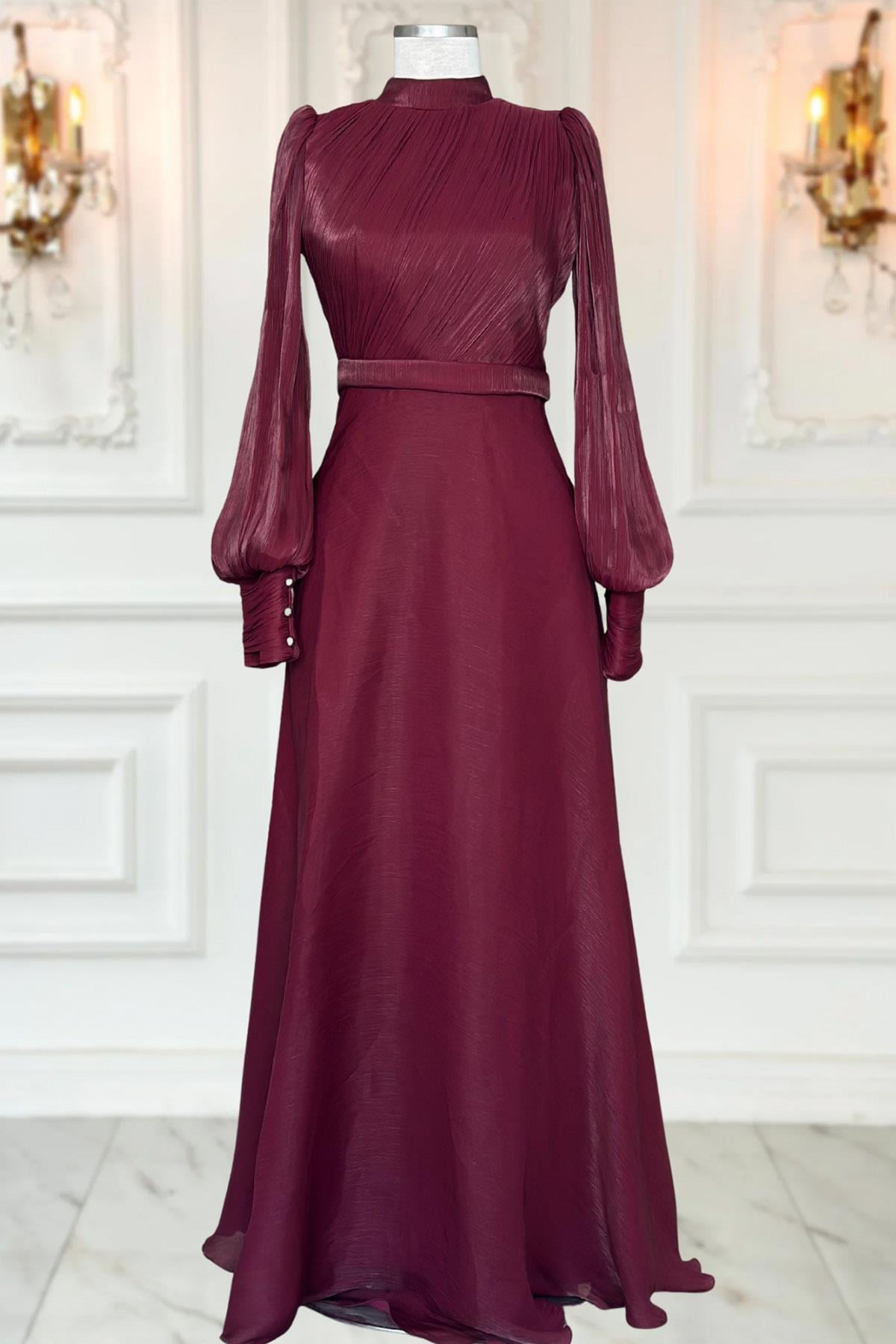 Amine Hüma Zen Abiye Elbise Bordo