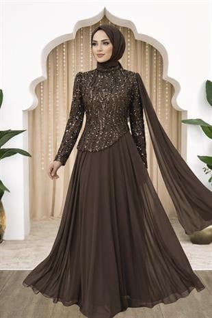 Amine Hüma Tülin Abiye Elbise Kahverengi