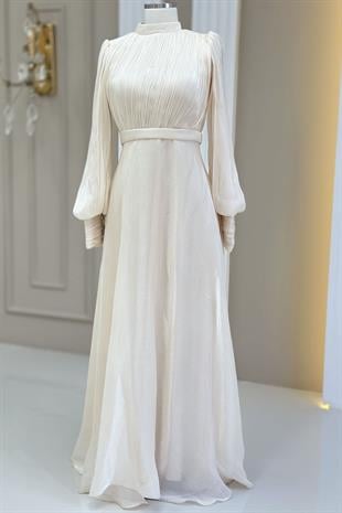 Amine Hüma Zen Abiye Elbise Krem