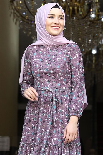 Çiçek Tesettür Elbise Lila Amine Hüma