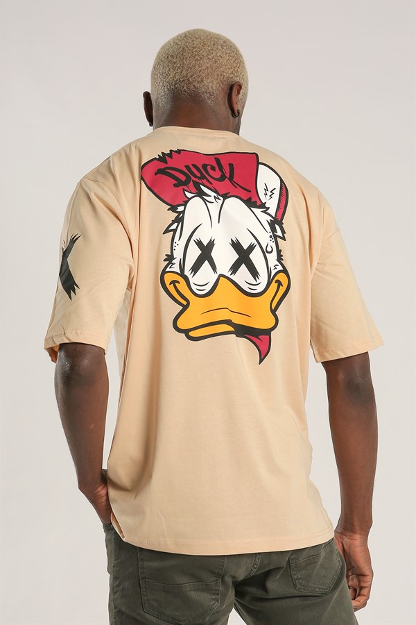 Bej Renk Donald Duck Baskılı Oversize Tişört 1039