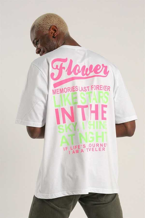 Beyaz Renk Flower Fifty Yazılı Oversize Erkek Tişört 1047