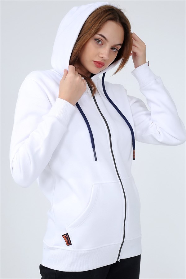 Beyaz Renk Kapüşonlu Kanguru Cep Bayan Fermuarlı Sweatshirt 1201