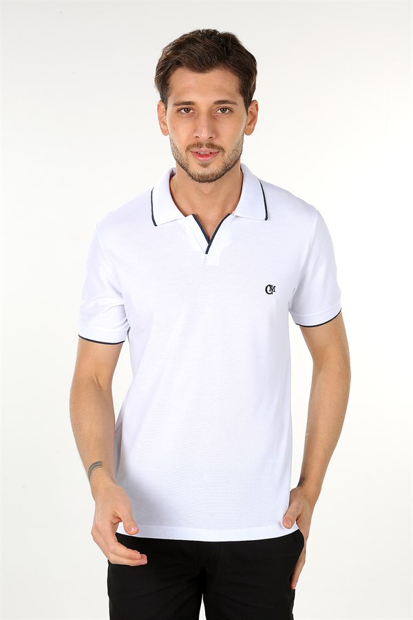 Beyaz Renk Şeritli V Yaka Polo Tshirt 1007