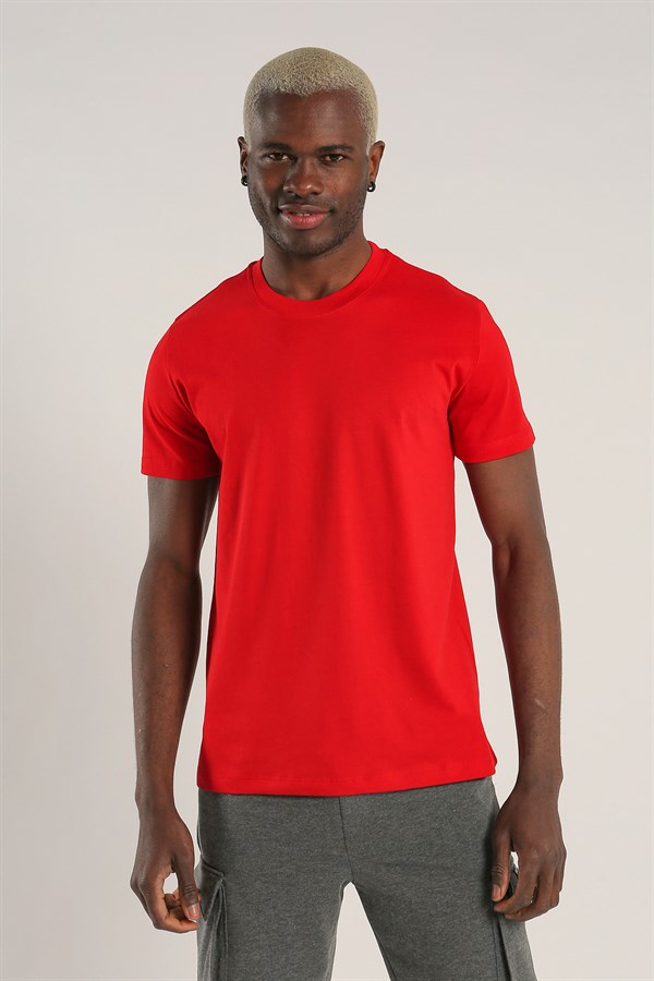 Kırmızı Renk Bisiklet Yaka Erkek Düz Basic Tişört 1069