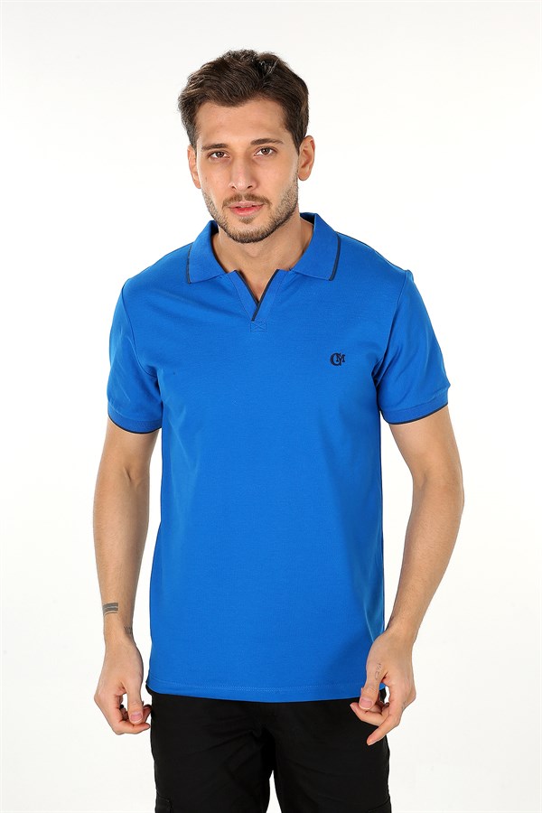 Mavi Renk Şeritli V Yaka Polo Tshirt 1007
