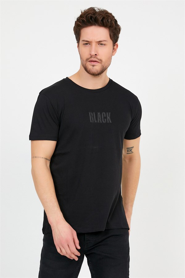 Siyah Renk Pamuklu Bisiklet Yaka Basic Tişört 1300