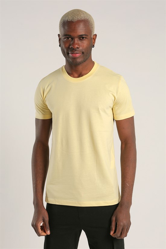 Açık Sarı Renk Bisiklet Yaka Erkek Düz Basic Tişört 1069