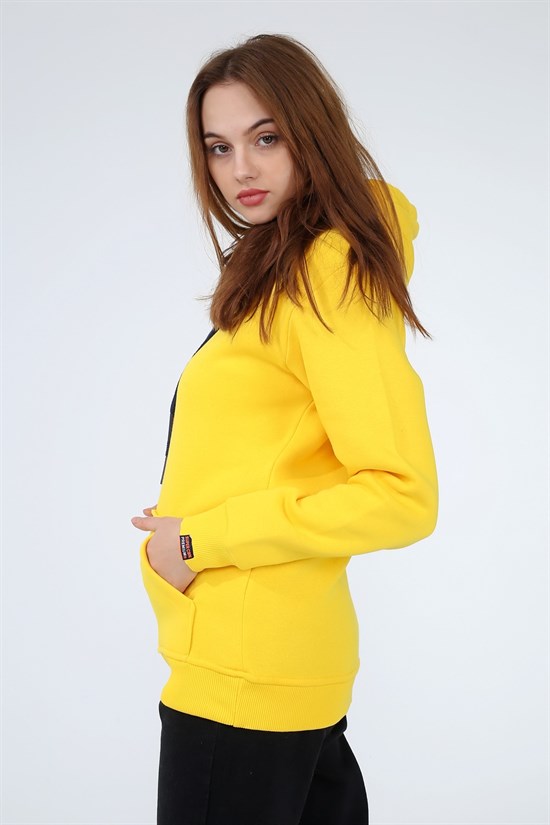 Açık Sarı Renk Kapüşonlu Kangru Cep Sweatshirt 1200