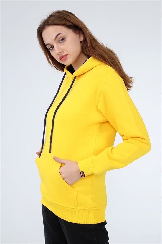 Açık Sarı Renk Kapüşonlu Kangru Cep Sweatshirt 1200