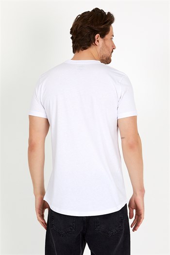 Beyaz Renk Baskılı Bisiklet Yaka Oval Etek Erkek Tişört 1360