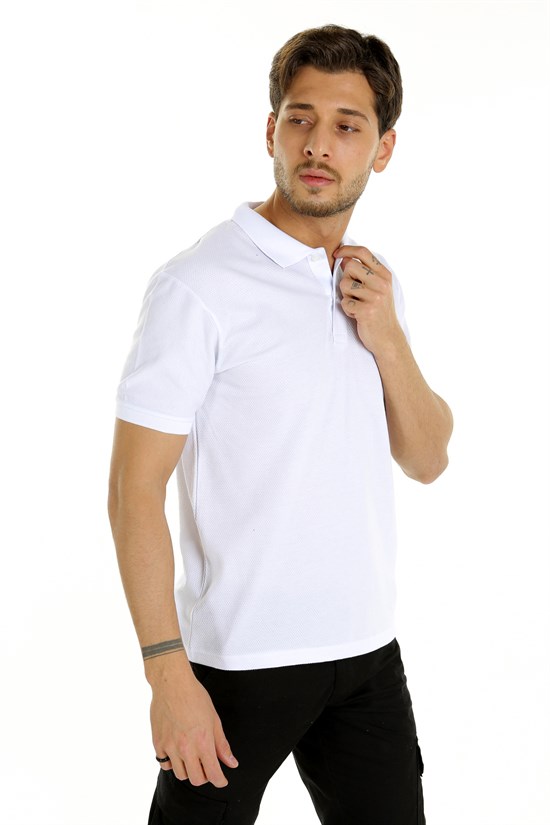 Beyaz Renk Petekli Kumaş Polo Yaka Tshirt 1003